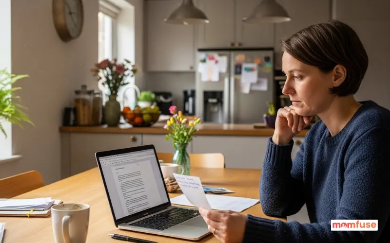 Parent sitting at kitchen table reviewing childcare note and laptop, thoughtful expression, cozy home environment.