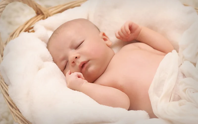 Sleeping newborn baby lying in a soft blanket inside a woven basket.