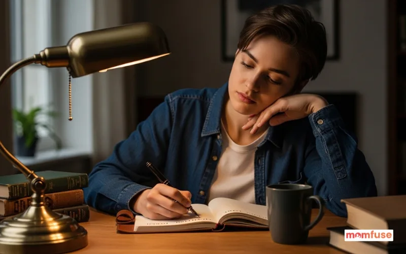 androgynous young adult sitting at desk writing names in notebook, thoughtful expression.