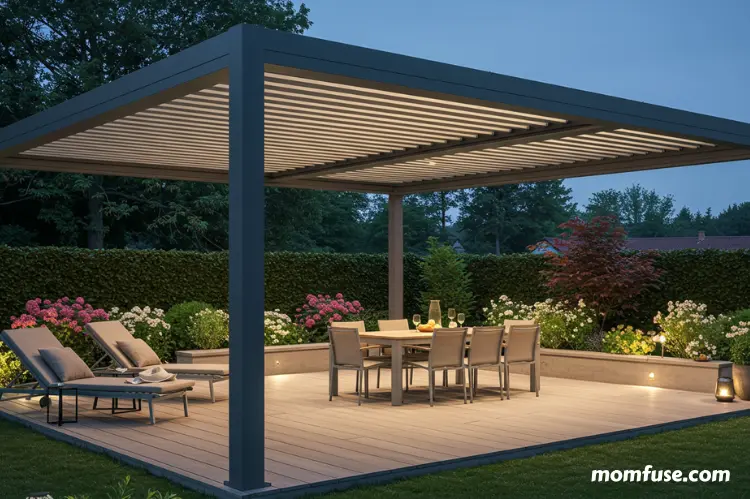Beautiful outdoor living space with a sleek aluminum pergola, adjustable louvers partially open.