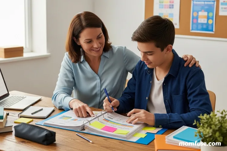 A school counselor helping a student organize schoolwork at a desk.