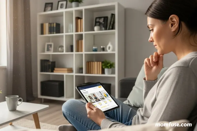 A homeowner reviewing cleaning service options on a tablet while sitting in a tidy living room.
