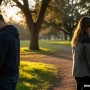 A realistic, emotional scene showing a couple standing apart in a quiet park.