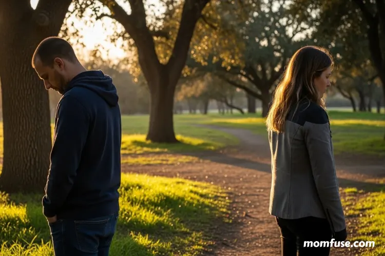 A realistic, emotional scene showing a couple standing apart in a quiet park.