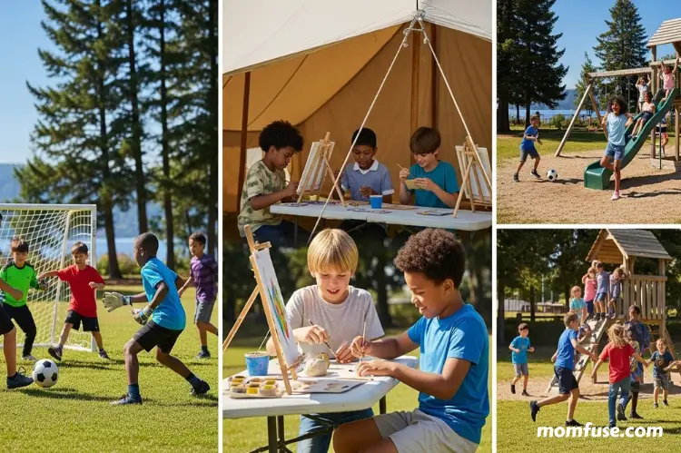 Children engaged in different camp activities—sports, arts, and outdoor play.