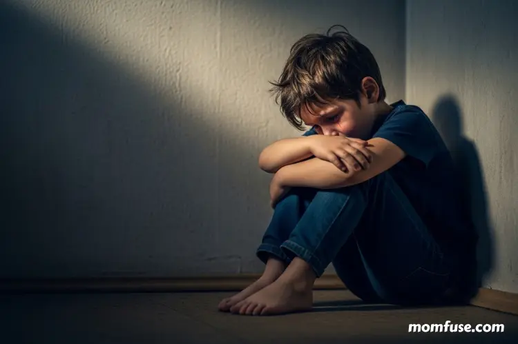 A worried child sitting alone in a dim corner, knees pulled close, soft shadows, emotional overwhelm.
