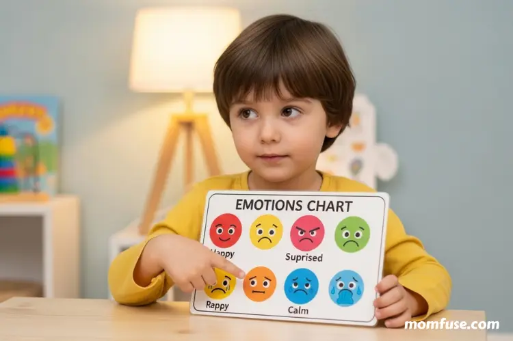 A child calmly identifying their emotions with a chart gentle educational setting.