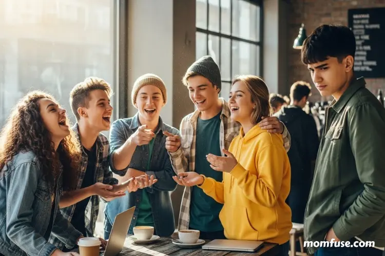 Group of teenagers laughing and talking together while one teen looks uncertain, slightly turned away.