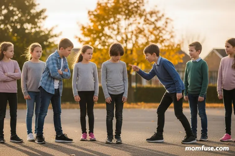 A child standing with a group of peers, subtle social tension, two kids pressuring.