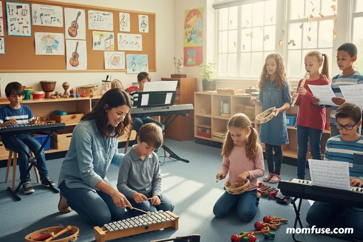 A supportive music classroom with encouraging teacher, happy children, relaxed atmosphere.