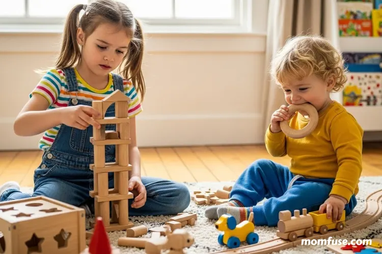 Two children of different ages playing with age-appropriate wooden toys.