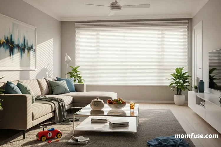 A modern family living room during summer.