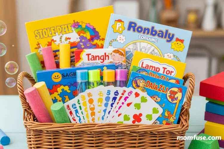 A wicker basket filled with colorful activities.