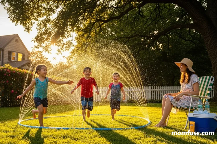 Kids running happily through sprinklers water in the backyard on a summer evening.