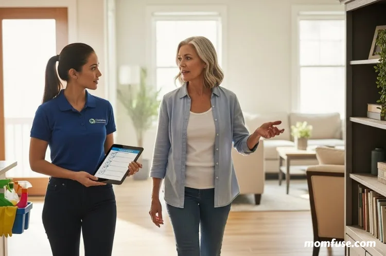 A professional cleaner walking through a home with a homeowner, discussing cleaning priorities.