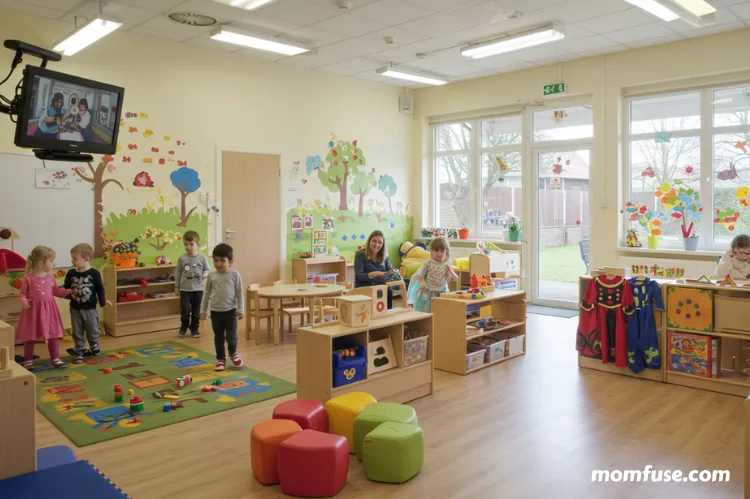 A daycare classroom highlighting features like high-resolution video, wide coverage.