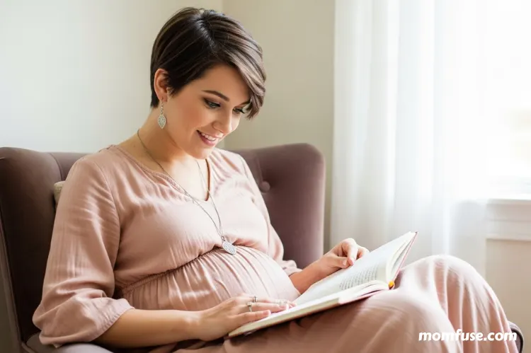 A thoughtful woman sitting comparing notes in a pregnancy journal.