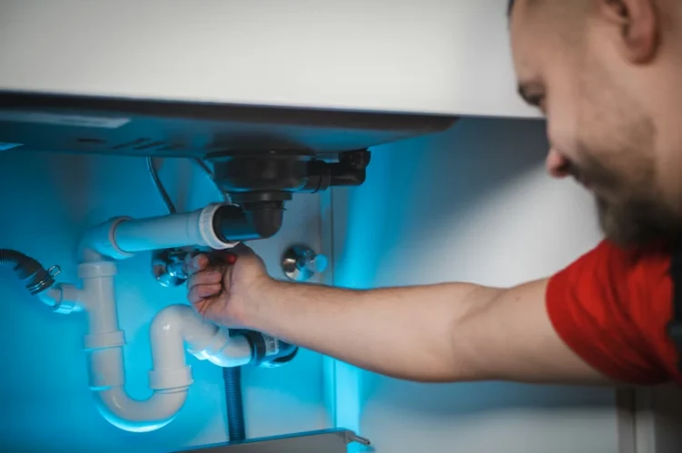 A man repairing plumbing under a kitchen sink, adjusting the drain pipes with his hand.