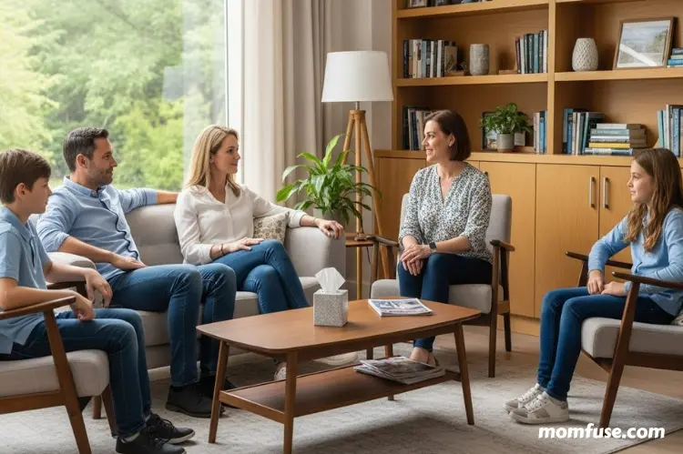 A family meeting with a therapist in a comfortable office.