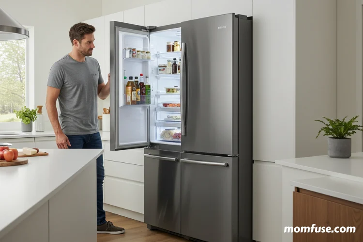Modern kitchen with an open Frigidaire refrigerator, a man checking the door.