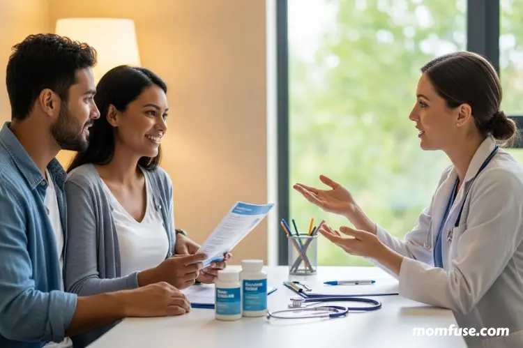 Close-up of prenatal vitamins, folic acid capsules, iron and calcium supplements on a wooden table.