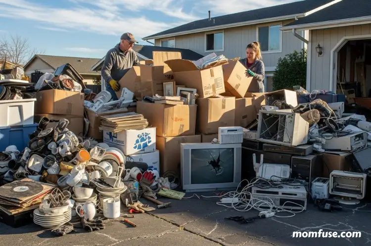 Driveway sorting scene with large attic piles: heat-damaged items, old boxes, broken electronics.