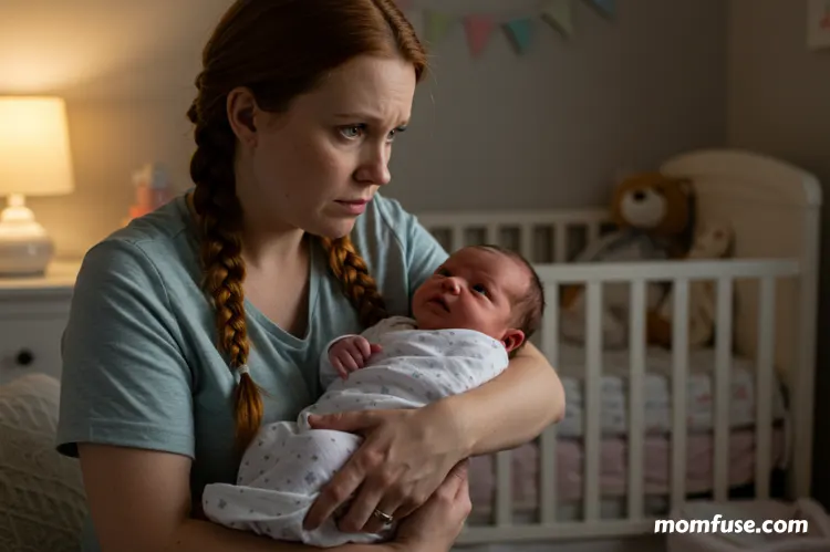 Concerned mother holding a baby, looking thoughtful, sitting in a softly lit nursery.