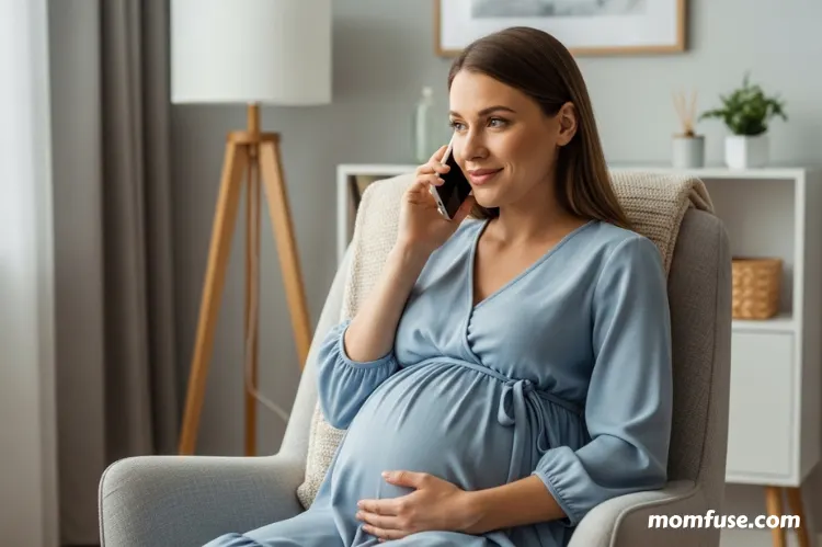 A pregnant woman on the phone with her doctor discuss calm.