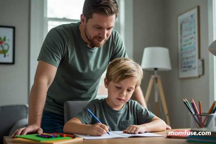 Parent standing slightly back while child works independently on homework.