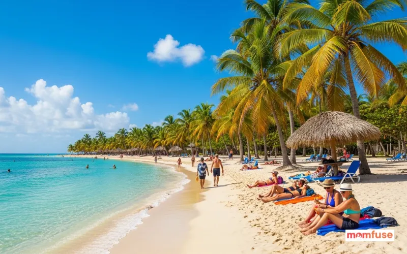 Sunny Cuban beach with palm trees, clear blue water, tropical sunshine, relaxed travelers enjoying.