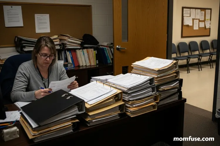 A school counselor overwhelmed with paperwork and multiple student files.
