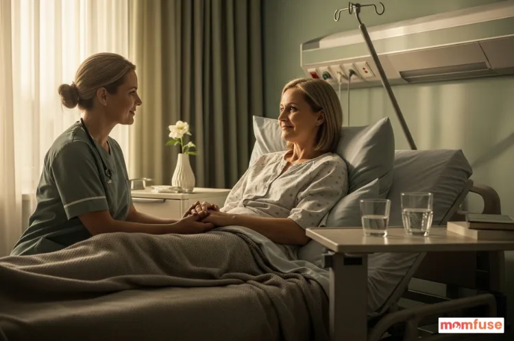 Peaceful patient receiving supportive care, focus on comfort and well-being, soft neutral tones.