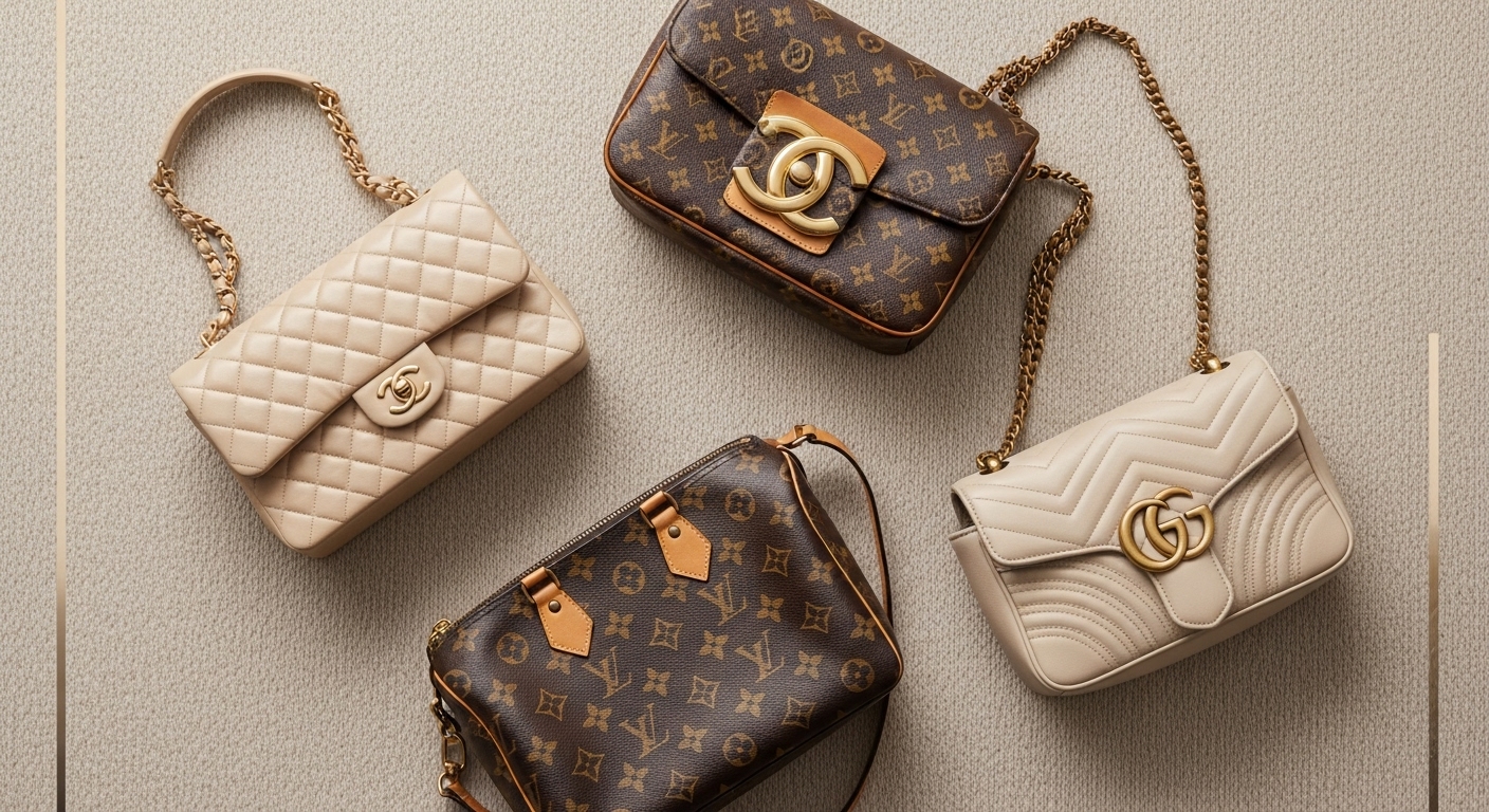 A minimalist flat lay of three luxury pre-owned handbags (Chanel, Louis Vuitton, Gucci).