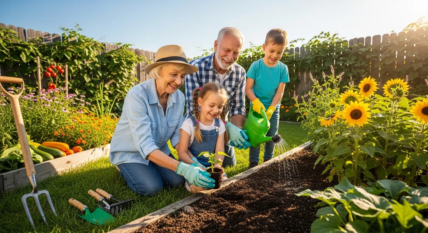 elderly grandparents gardening with grandchildren in backyard, joyful outdoor activity.