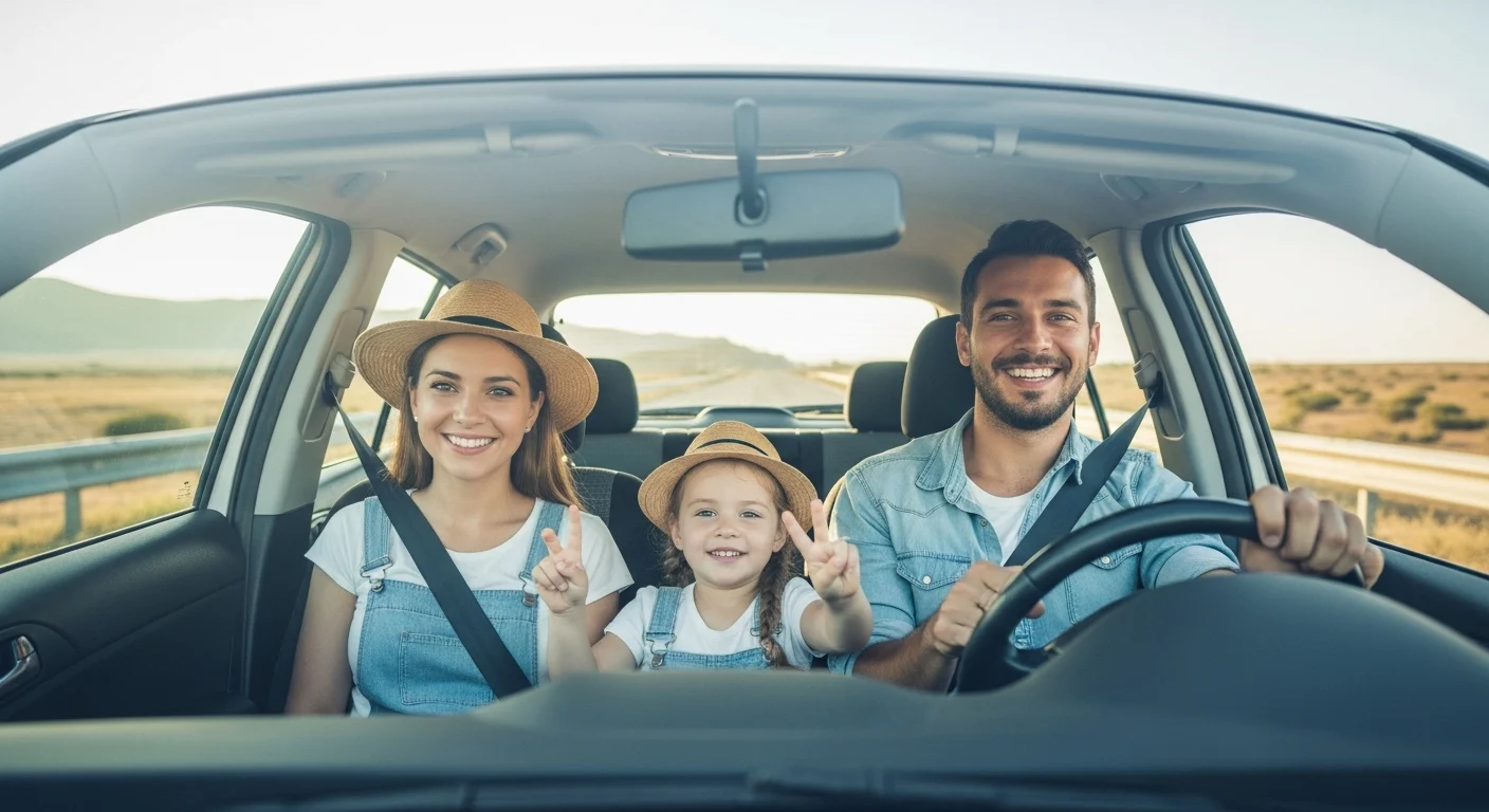 A happy family in a car on a scenic road trip.