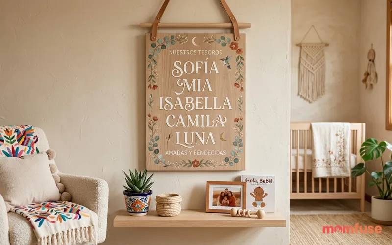 Modern baby names board with Sofia, Mia, Isabella, Camila and Luna, trendy nursery aesthetic, Hispanic cultural elements