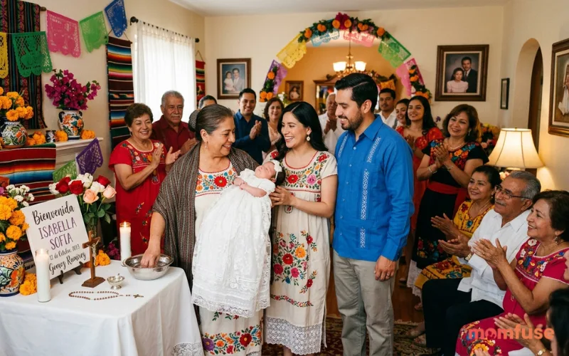 Traditional Hispanic family celebrating baby naming ceremony, warm home setting, cultural decorations, elegant Latin style
