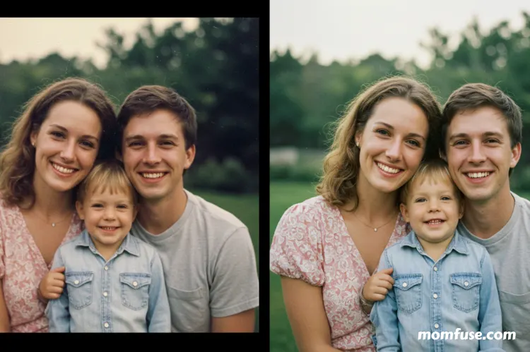 Before-and-after split image: left side with black borders around a family video, right side full-screen vivid video without borders.
