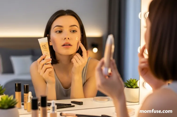 A young woman looking into the mirror while applying CC cream.