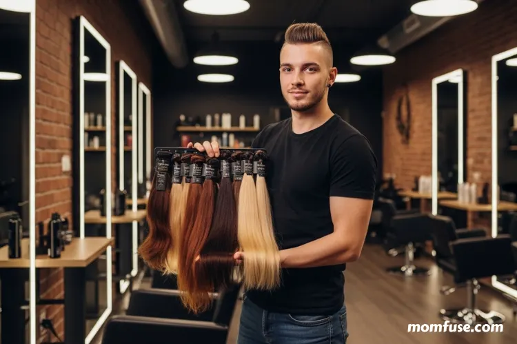 A hairstylist holding premium Remy human hair extensions in a salon.