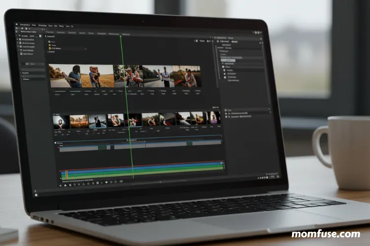 A clean, modern laptop screen showing a simple video editing software interface.