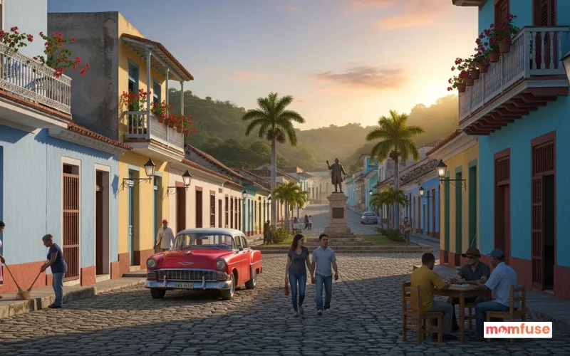 Hidden Cuban colonial town with quiet cobblestone streets, colorful houses, local people.
