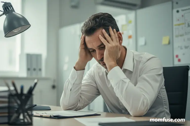 A man is tired from working in the office, which is why he is sitting holding his head.