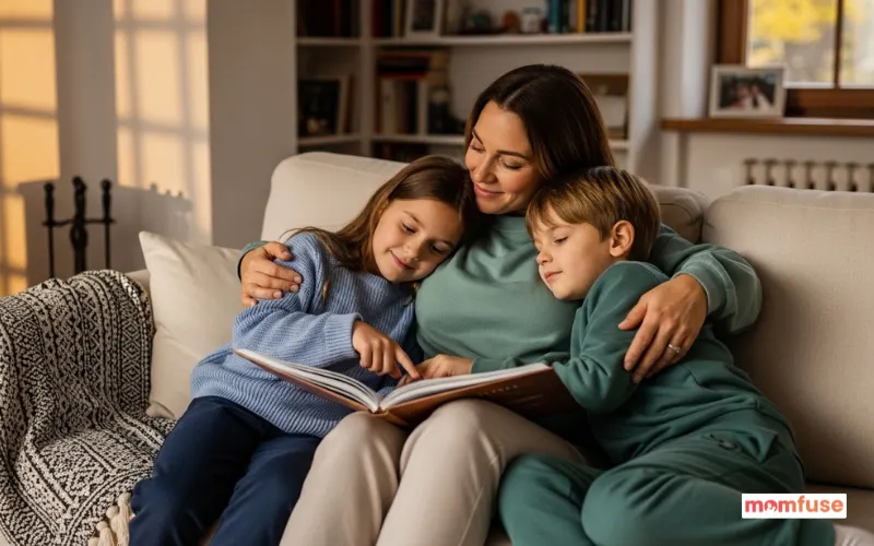 mother and children in cozy owned home, safe environment, warm family moment.
