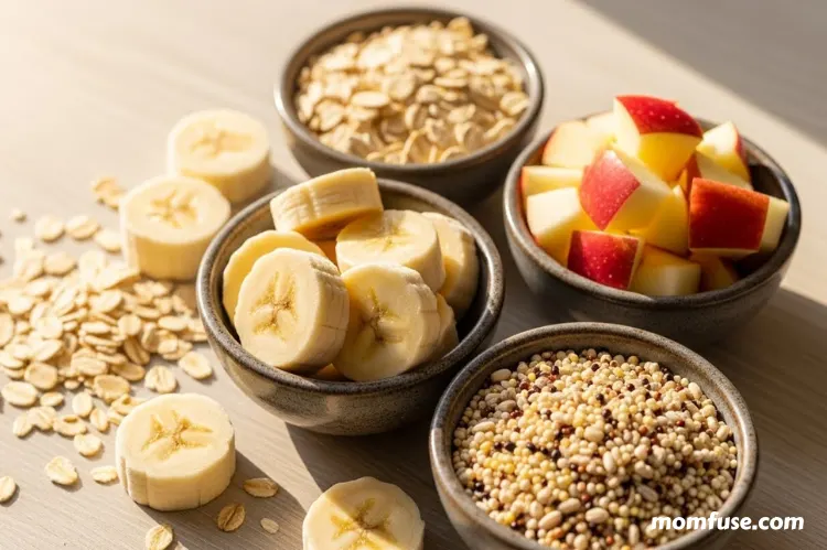 Close-up of simple baby food ingredients laid out naturally on a wooden table.