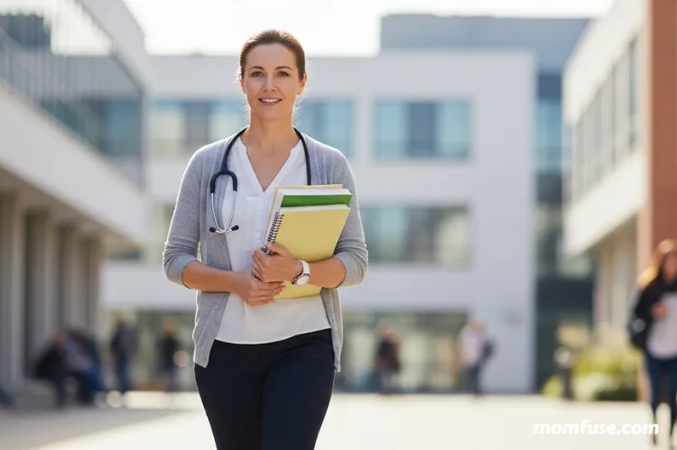 A mature nursing student walking confidently with books in hand.