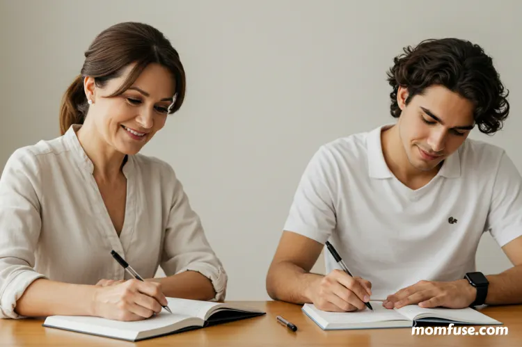 A mentor and mentee sitting side-by journaling.