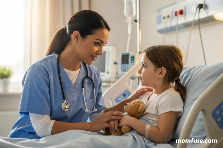 A confident mother in nursing scrubs comforting a patient.