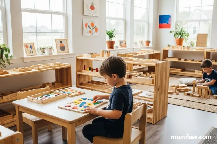 Montessori classroom environment with natural wooden toys, child independently exploring learning materials.