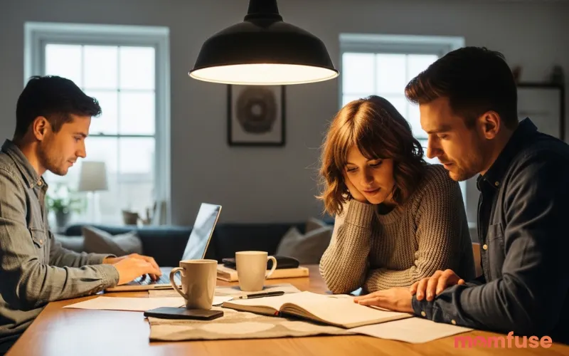 Thoughtful parents sitting at a table choosing a baby name from a notebook while a writer types on a laptop, serious expressions, warm home lighting